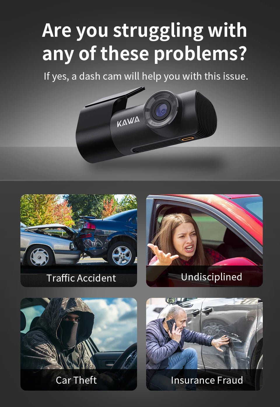 2K Dash Camera For Car DVR Dash Cam In The Car KAWA D5 Video Recorder Emergency Voice Control Night Vision WiFi APP Monitor WDR - XS - ORIZED