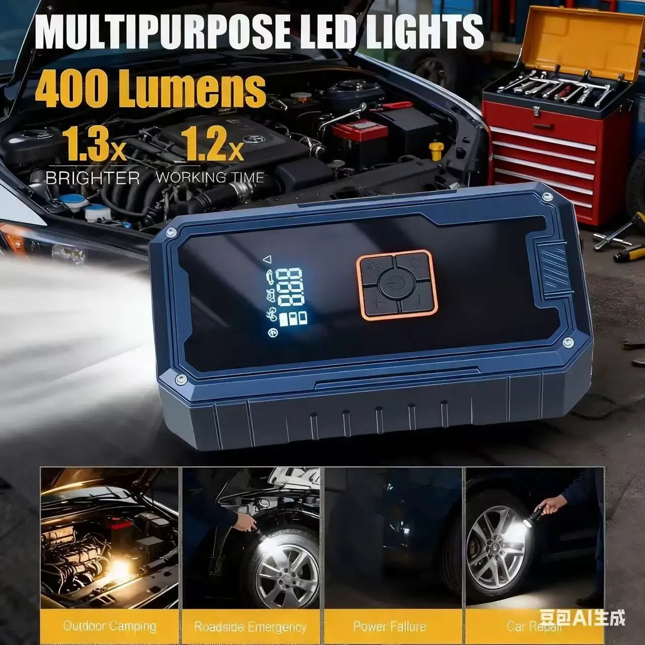 3000A 12V Car Jump Starter Air Compressor With Power Bank 99800mah Peak Portable Battery Starter 150PSI Air Pump With LED Light - XS - ORIZED