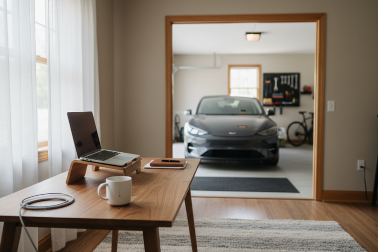 A clean, modern lifestyle scene showing everyday problem-solving in real life.
A calm, well-designed home office workspace in the foreground with a wooden desk, laptop stand, minimal accessories, neutral tones, and natural light. In the background, subtly visible through an open doorway or garage entrance, is a parked modern car, suggesting everyday home-to-road practicality.
The scene should feel realistic, lived-in, and purposeful — not staged or overly styled.
Emphasis on practicality, simplicity, and ev